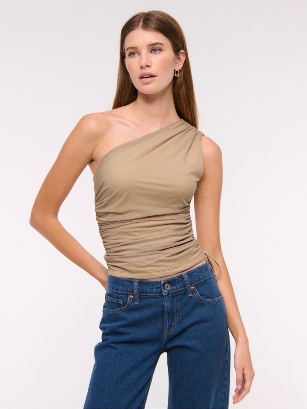 Abercrombie & Fitch Tan One Shoulder Cinched Tie Top Size Small
